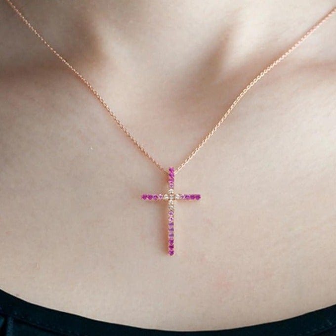 Pink sapphire deals cross necklace