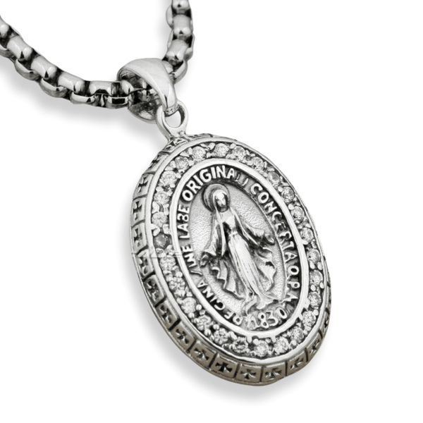 Miraculous Medal Halo Necklace - Cornerstone Jewellery with 24inch Steel N Necklace Christian Catholic Religous fine Jewelry